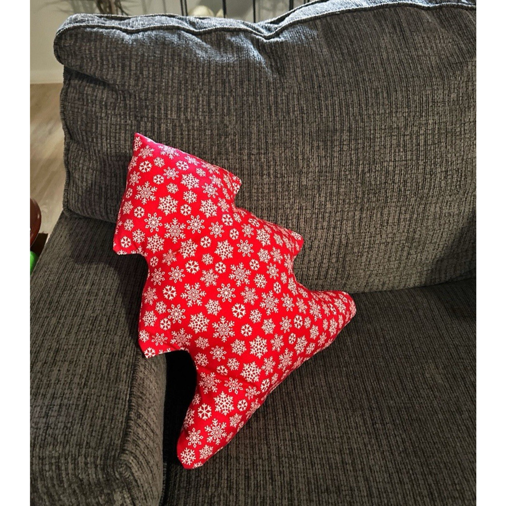 Handmade Christmas Tree Accent Decor Pillow Red White Snowflakes 16"